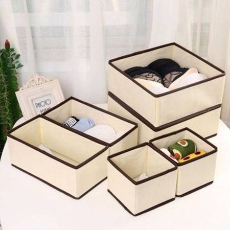 Organizator pentru Sertar, , 3 Marimi, pentru Lenjerie, Tricouri, Sosete, 6 Piese, Pliabil, Stivuibil, din Tesatura, Alb/Maro [4]