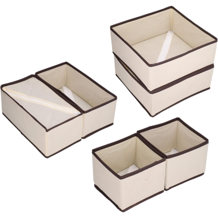 Organizator pentru Sertar, , 3 Marimi, pentru Lenjerie, Tricouri, Sosete, 6 Piese, Pliabil, Stivuibil, din Tesatura, Alb/Maro [1]
