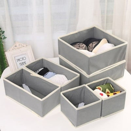 Organizator pentru Sertar, , 3 Marimi, pentru Lenjerie, Tricouri, Sosete, 6 Piese, Pliabil, Stivuibil, din Tesatura, Gri/Alb [1]