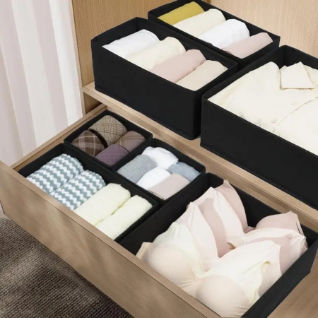 Organizator pentru Sertar, , 3 Marimi, pentru Lenjerie, Tricouri, Sosete, 6 Piese, Pliabil, Stivuibil, din Tesatura, Negru [4]