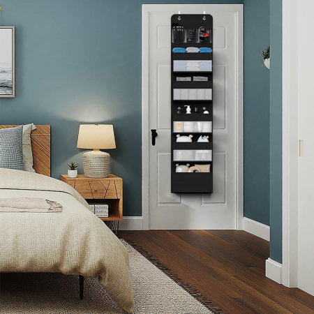 Organizator Suspendat pentru Usi, , din Nailon si Plasa, Baza de Carton Ingrosat, 5 Buzunare Principale + 5 Buzunare Laterale, 146 x 40 x 17 cm, 2 Carlige Incluse, Negru [4]