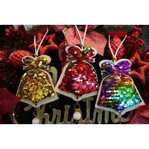 Ornament de brad clopotel cu paiete model 2, , multicolor, lemn, 36 cm [7]