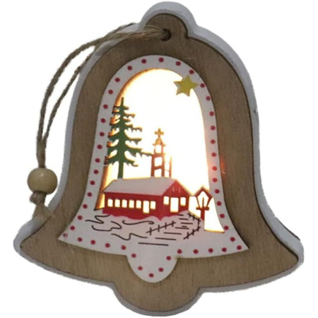 Ornamente Brad - Ornament de Brad, , cu Lumini LED, din Lemn, Model Clopot, Multicolor