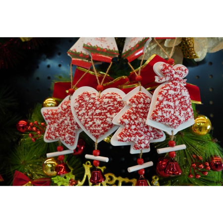 Ornament de brad inima din tweed, , alb/rosu, lemn, 18 cm [3]