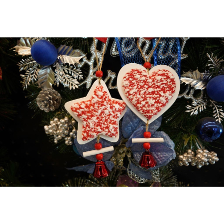 Ornament de brad inima din tweed, , alb/rosu, lemn, 18 cm [4]