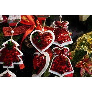 Ornament de brad trei clopotei cu paiete, , rosu, lemn, 36 cm [8]