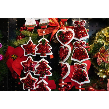 Ornament de brad trei inimi cu paiete, , rosu, lemn, 36 cm [2]