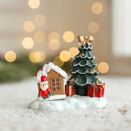 Decoratiuni Craciun - Ornament de Craciun din Rasina pentru Decor, , Model Casuta cu Brad, Decoratiune de Birou pentru Craciun, 6.5 x 6.5 x 4 cm, Rosu Verde