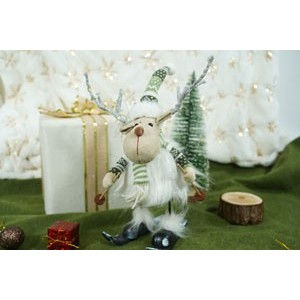 Ornament de Craciun ren pe schiuri, , alb/verde, textil, 33 cm [3]