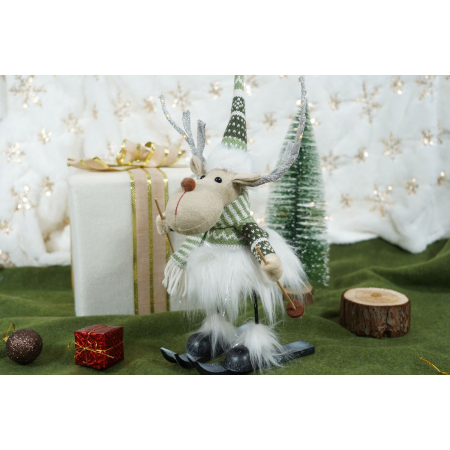 Ornament de Craciun ren pe schiuri model 2, , alb/verde, textil, 33 cm [2]