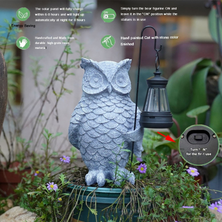 Ornament de Decor pentru Gradina cu LED, , Model Bufnita cu Felinar, Decoratiune Exterioara pentru Casa si Gradina, din Rasina, 21.5x15 cm, Gri [1]