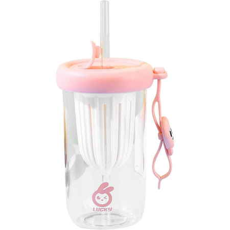 ✨TOATE PRODUSELE✨ - Pahar din silicon, cu capac si pai, pentru copii, , anti-cadere, compartiment pentru fructe/ceai/gheata, rezistent la temperaturi inalte, 500ml, Roz, 14.5x8.8x20 cm