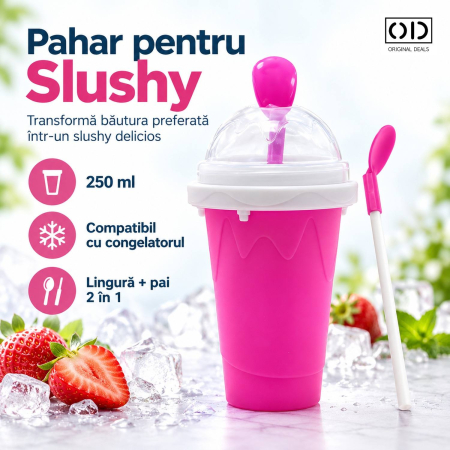 Pahar Slushy si Suc Inghetat 250 ml cu Lingura Pai 2in1
