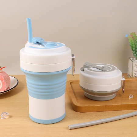 Pahar pliabil din silicon , pentru calatorii, camping, 750 ml, pai inclus, 11.6 x 19.3 cm, albastru [2]