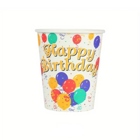 Accesorii Petrecere - Pahare Cartonate pentru Petreceri, , Set 10 Pahare Cartonate pentru Zile de Nastere si Aniversari, Model HAPPY BIRTHDAY, 230 ml, 8.6 x 7.5 cm, Multicolor