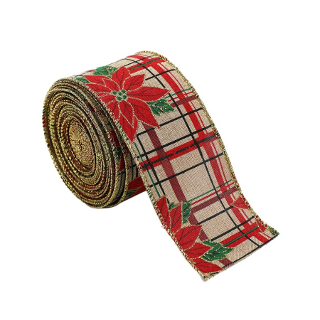 Panglica Decorativa - Panglica de Craciun pentru Decor Brad, , Panglica Decorativa de Craciun pentru Funde, Imprimeu Floare Rosie, 200 x 6.3 m, Khaki Rosu