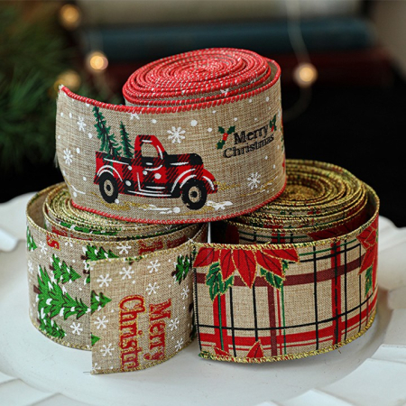 Panglica de Craciun pentru Decor Brad, , Panglica Decorativa de Craciun pentru Funde, Imprimeu Floare Rosie, 200 x 6.3 m, Khaki Rosu [4]