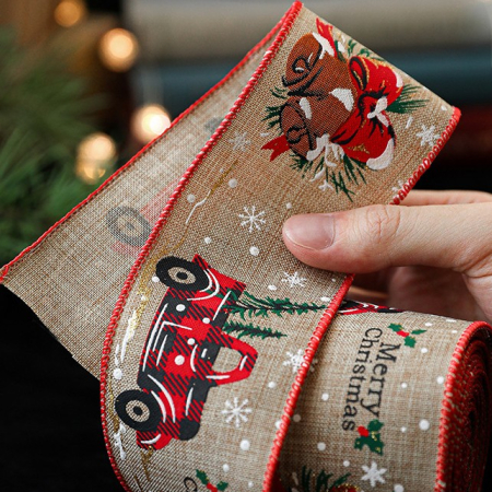 Panglica de Craciun pentru Decor Brad, , Panglica Decorativa de Craciun pentru Funde, Imprimeu Pick-Up Merry Christmas, 200 x 6.3 m, Khaki Rosu [2]