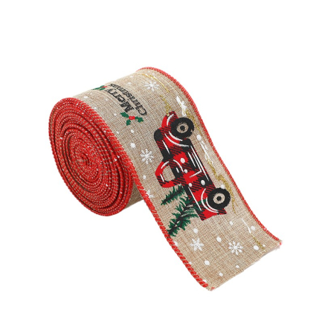Panglica Decorativa - Panglica de Craciun pentru Decor Brad, , Panglica Decorativa de Craciun pentru Funde, Imprimeu Pick-Up Merry Christmas, 200 x 6.3 m, Khaki Rosu