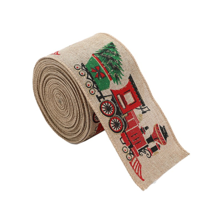 Panglica Decorativa - Panglica de Craciun pentru Decor Brad, , Panglica Decorativa de Craciun pentru Funde, Imprimeu Trenulet, 200 x 6.3 m, Khaki