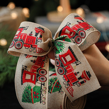 Panglica de Craciun pentru Decor Brad, , Panglica Decorativa de Craciun pentru Funde, Imprimeu Trenulet, 200 x 6.3 m, Khaki [2]