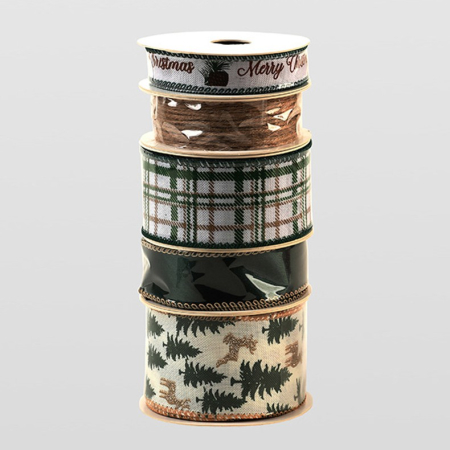 Panglica Decorativa cu Tematica de Craciun, , Set din 4 bucat + 1 Rulon Ata Maro, Panglica pentru Cadou de Craciun Brad si Decor, 2 M per bucata, Model Brad, Alb Verde [5]