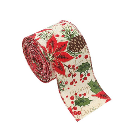 Panglica Decorativa - Panglica Decorativa pentru Craciun, , Ornament pentru Brad de Craciun, Pretreceri, Panglica cu Design Conuri si Floare Rosie, 200 x 6.3 cm, Khaki 