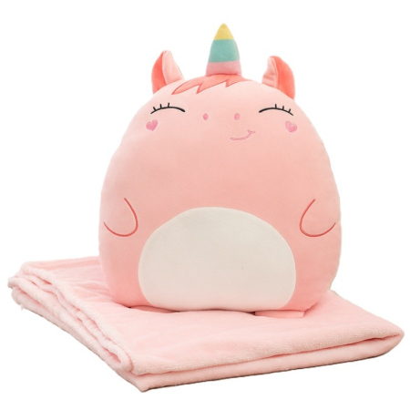 Perne Voiaj, Paturi si Textile - Patura 2in1 pentru Pat sau Canapea, , Model Jucarie Unicorn cu Spatiu de Depozitare Patura, Microfibra, 1x1.7 m, Roz