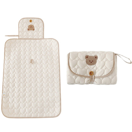 Articole pentru copii - Patura Multifunctionala, , pentru Schimbat Scutec, Impermeabila, din Bumbac, 50 x 70 cm, Portabila, Model Ursulet, Bej