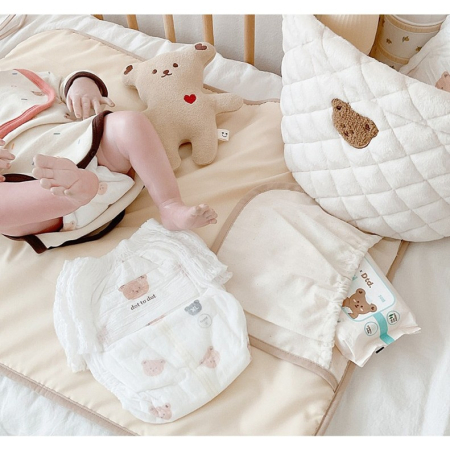 Patura Multifunctionala, , pentru Schimbat Scutec, Impermeabila, din Bumbac, 50 x 70 cm, Portabila, Model Ursulet, Bej [1]