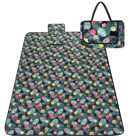Patura pentru picnic sau plaja, cu folie izolatoare si maner, 200x200cm, negru floral [2]