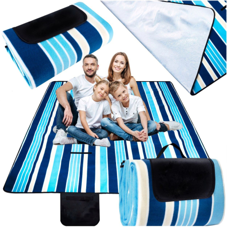Patura pentru picnic sau plaja, cu folie izolatoare si maner, 200x200cm, alb albastru [1]