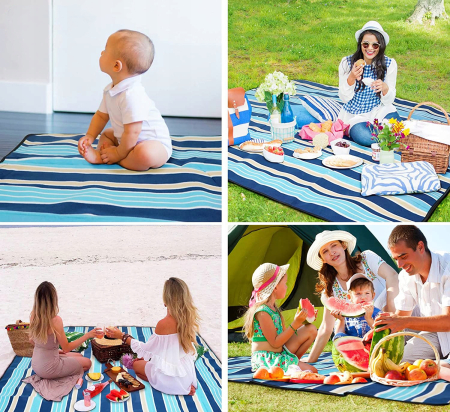 Patura pentru picnic sau plaja, cu folie izolatoare si maner, 200x200cm, alb albastru [2]