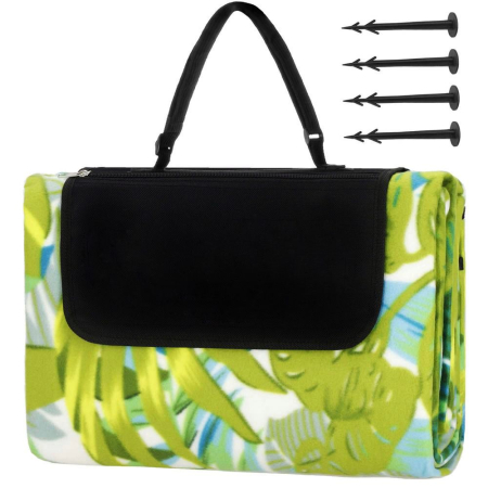 Patura pentru picnic sau plaja, cu folie izolatoare si maner, 200x200cm, model frunze, verde [2]