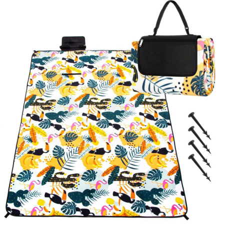 Timp liber - Patura pentru picnic sau plaja, cu folie izolatoare si maner, 200x200cm, model tropical, alb verde