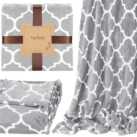 Patura pufoasa pentru 2 persoane, 200x220cm, cu model trifoi marocan, gri [1]