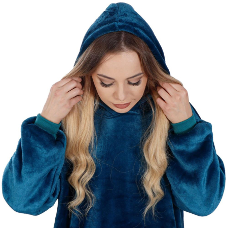 Patura tip hanorac, cu maneci, gluga si buzunare, material plus, marime universala, albastra [9]