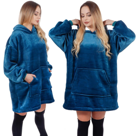 Patura tip hanorac, cu maneci, gluga si buzunare, material plus, marime universala, albastra [22]