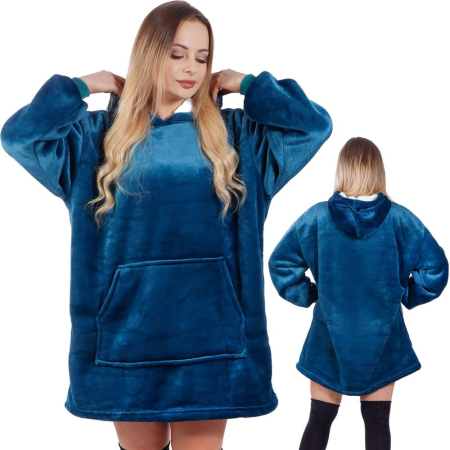 Patura tip hanorac, cu maneci, gluga si buzunare, material plus, marime universala, albastra [27]