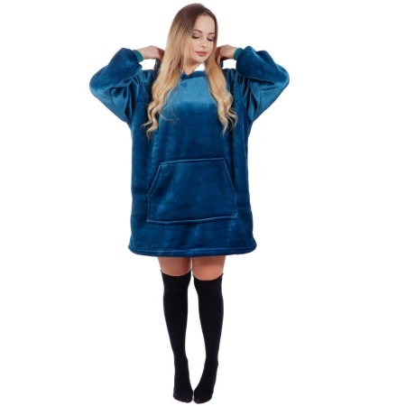 Patura tip hanorac, cu maneci, gluga si buzunare, material plus, marime universala, albastra [19]