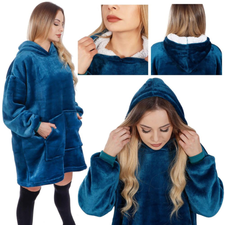 Patura tip hanorac, cu maneci, gluga si buzunare, material plus, marime universala, albastra [23]