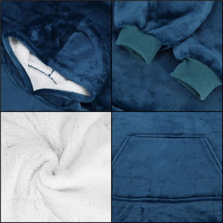 Patura tip hanorac, cu maneci, gluga si buzunare, material plus, marime universala, albastra [7]