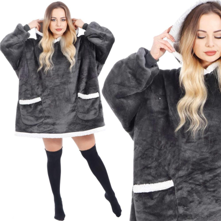 Disponibil livrare locker S - Patura tip hanorac, cu maneci, gluga si buzunare, material plus, marime universala, grafit