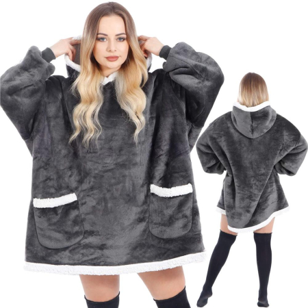 Patura tip hanorac, cu maneci, gluga si buzunare, material plus, marime universala, grafit [24]