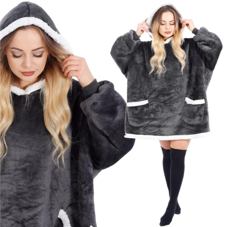 Patura tip hanorac, cu maneci, gluga si buzunare, material plus, marime universala, grafit [25]