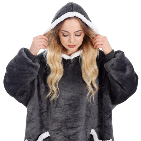 Patura tip hanorac, cu maneci, gluga si buzunare, material plus, marime universala, grafit [2]