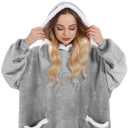 Patura tip hanorac, cu maneci, gluga si buzunare, material plus, marime universala, gri [7]