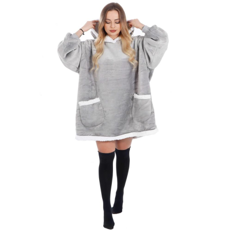 Patura tip hanorac, cu maneci, gluga si buzunare, material plus, marime universala, gri [16]