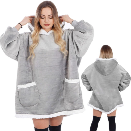 Patura tip hanorac, cu maneci, gluga si buzunare, material plus, marime universala, gri [20]