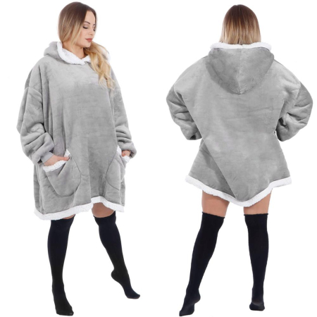 Patura tip hanorac, cu maneci, gluga si buzunare, material plus, marime universala, gri [19]